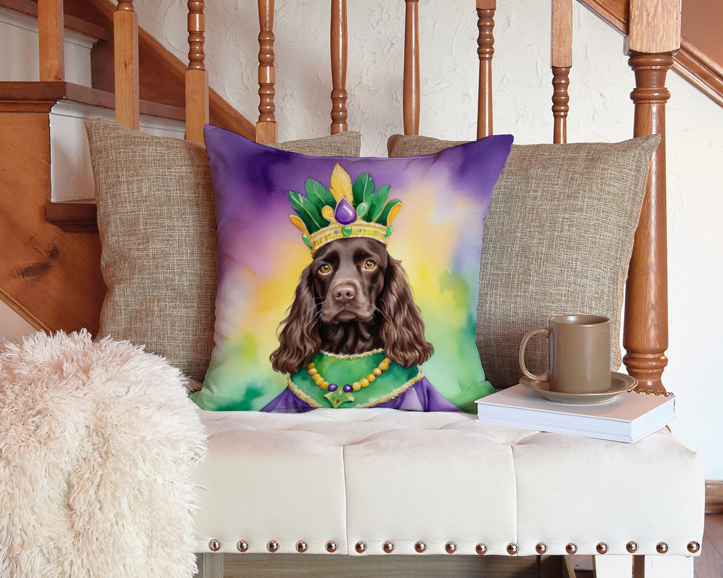 Boykin Spaniel King of Mardi Gras Throw Pillow Machine Washable, Indoor Outdoor Decorative Pillow for Couch, Bed or Patio, 14Hx14W